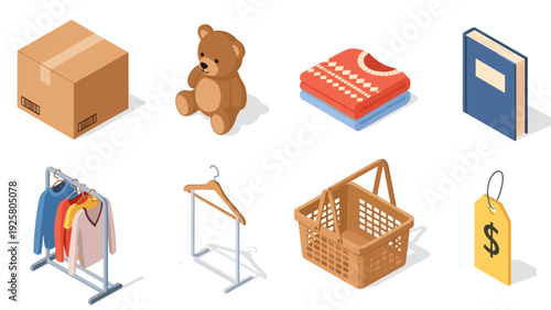 Isometric icons of everyday items: teddy bear, clothing rack, box, book, and more