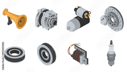 Isometric car parts collection: engine, alternator, starter, brake disc, pulley, ignition coil