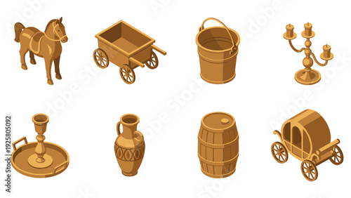 Isometric antique objects collection with horse wagon and candle holder