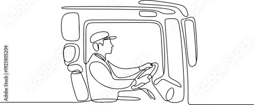 One continuous line drawing of a Bus Driver is on duty vector design illustration. Driver on cabin design illustration simple linear style vector concept. one line art icon drawing vector