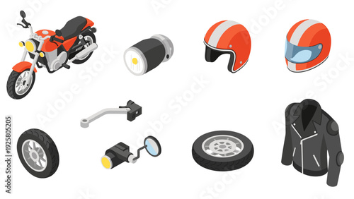 Isometric motorcycle accessories set with helmet, gear, and tires