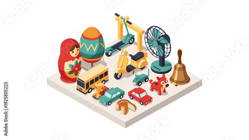 Vintage toy collection with classic miniatures and nostalgic icons in isometric style