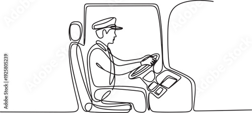 One continuous line drawing of a Bus Driver is on duty vector design illustration. Driver on cabin design illustration simple linear style vector concept. one line art icon drawing vector