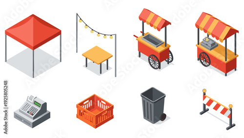 Outdoor market elements with isometric food stands and accessories
