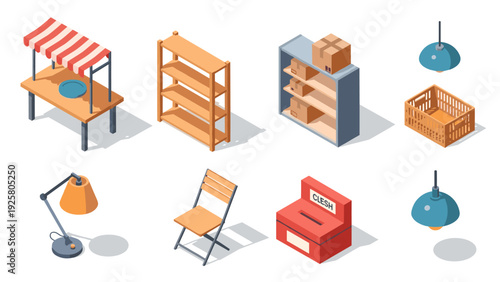 Isometric furniture icons: home decor elements and household essentials collection