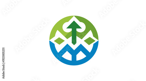 A geometric emblem features a green arrow rising from mountain-like shapes within a green and blue circle