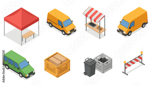 Isometric urban elements set with cars, tents, market stall, and containers