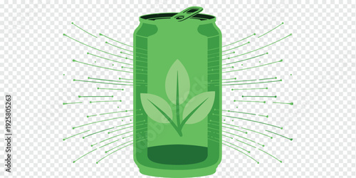 Green Soda Can with Leaf Design Isolated on Transparent Background Eco Beverage Concept