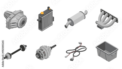 Isometric car parts set featuring muffler, radiator, and alternator