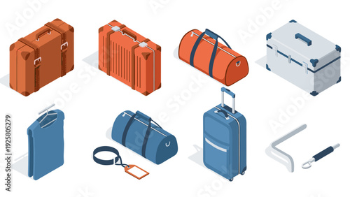 Isometric travel bags and luggage set with modern design in various styles