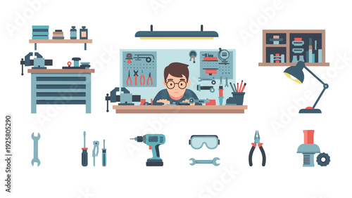Workshop tools and craftsman at workbench in flat design