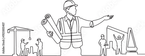 One continuous line drawing of construction engineer is reading the design and directing workers on site vector illustration. one line art icon drawing vector