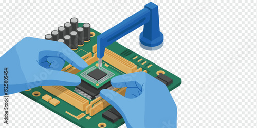 Technician Assembling Circuit Board Isolated on Transparent Background Electronics Engineering Concept