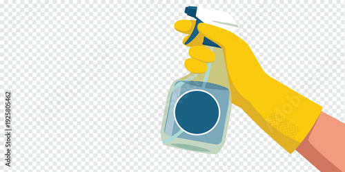 Yellow Gloved Hand Holding Cleaning Spray Isolated on Transparent Background Hygiene Concept