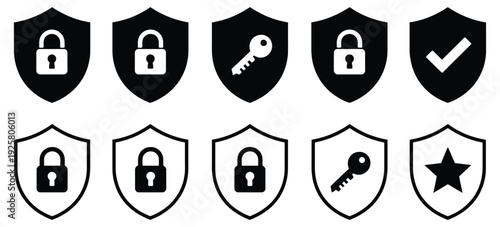 Protection and privacy shield icons, set of vector symbols including lock, key, check mark, and star, ideal for cybersecurity, secure access, digital safety, and UI/UX design projects.