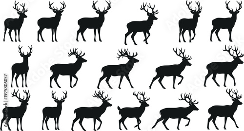 Collection of deer silhouettes featuring majestic stag poses isolated on white background, wildlife vector illustration set for graphic design projects