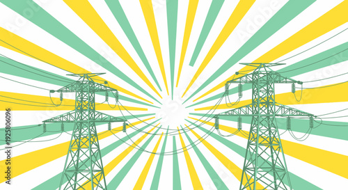 electricity pylon towers with yellow green sunburst