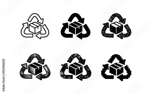 Collection of six different recycling symbols with a cardboard box inside each one