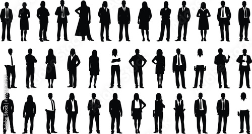 Large collection of professional business people silhouettes standing in suits and formal wear isolated on white background for corporate design.