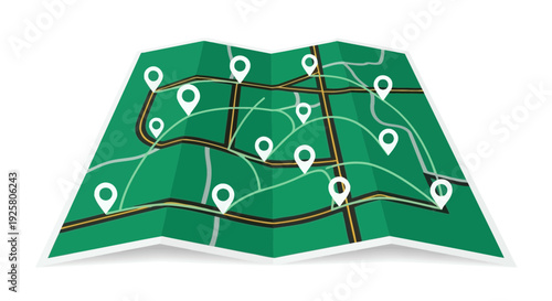 folded green map with route and location pins