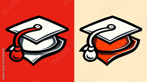 Stylized illustration of a graduation cap with a tassel, depicted on two contrasting colored backgrounds