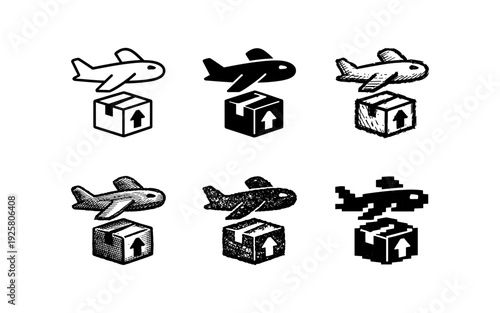 Collection of airplane and cargo box icons representing air freight and logistics services
