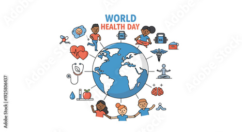 World Health Day icon set, Includes globe, heart, stethoscope, children, food, exercise, Created in colorful style with blue, red, and orange palette
