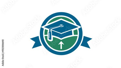 Graphic with a graduation cap inside a circle with a green interior and a ribbon banner