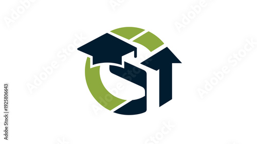 A logo featuring a mortarboard, arrows, and a partial circle, colored navy and green