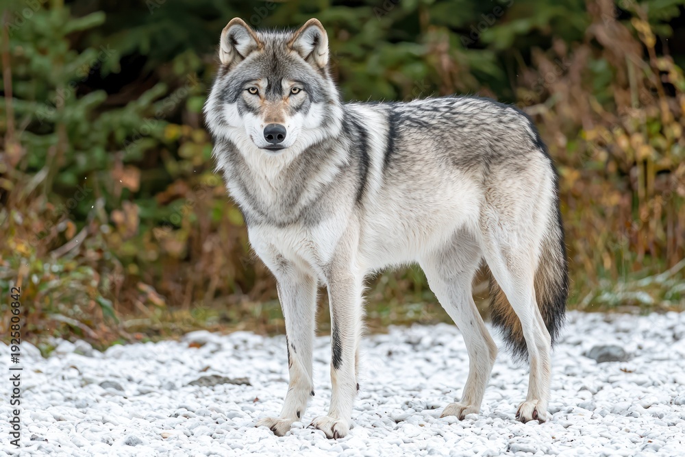 Fototapeta premium Gray wolf standing in a clearing, with green foliage background