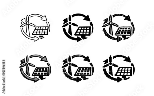 Set of icons representing renewable energy sources like wind turbines and solar panels in a circular flow