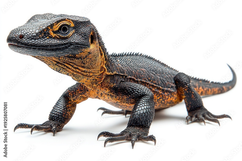 Fototapeta premium Lizard Reptile with textured black & orange skin, isolated on white
