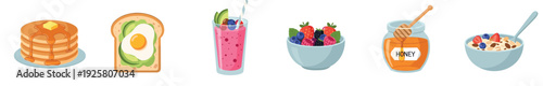 Colorful set of breakfast food illustrations with pancakes, toast, smoothie, berries, honey, and oatmeal, depicted in a simple, clean, and modern flat vector graphic style