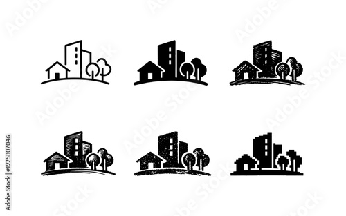 Collection of stylized urban and suburban housing icons with trees and buildings
