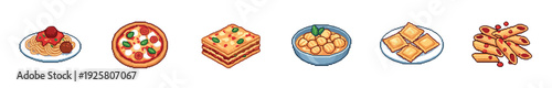 Set of six pixel art Italian food icons including spaghetti, pizza, lasagna, gnocchi, ravioli, and penne pasta in a retro 8-bit video game style illustration