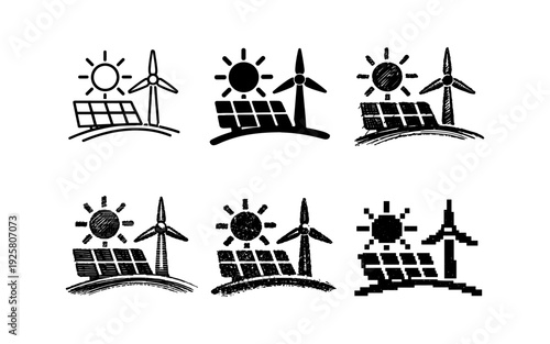 Collection of hand-drawn icons representing renewable energy sources like solar and wind power