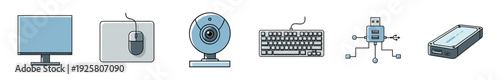 Set of computer peripheral device icons featuring a monitor, mouse, webcam, keyboard, USB hub, and external hard drive in a clean, minimalist line art illustration style