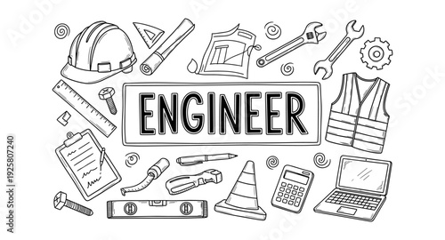 Engineer's toolkit and safety gear illustration with blueprints and tools