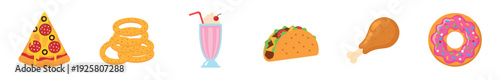 Collection of colorful fast food icons including pizza, onion rings, milkshake, taco, chicken, and a donut, illustrated in a simple flat graphic design style for menus or web