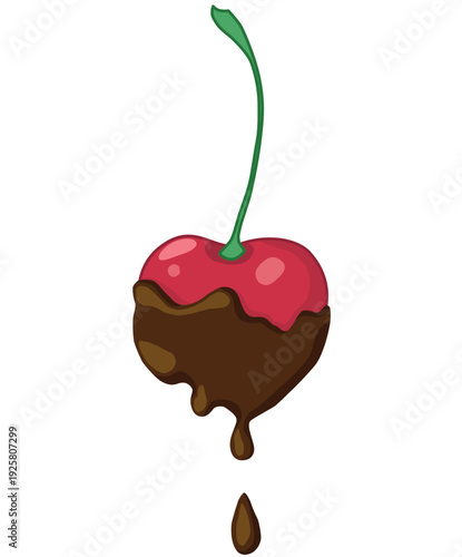 Cherry dipped in melting chocolate, hand drawn cartoon illustration, isolated. 