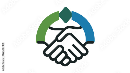 Graphic with a handshake within a circle, featuring a diamond, and colorful arc segments