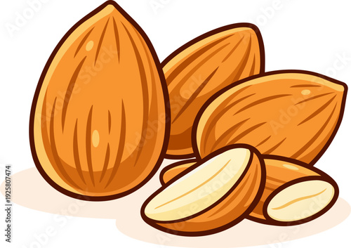 Illustration of whole and sliced almonds in a bowl. The almonds are depicted in their natural, unpeeled form, highlighting their textured brown skin and white interior.