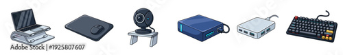 Set of computer peripherals and accessories including a laptop on a stand, mechanical keyboard, mouse, webcam, USB hub, and external drive in a cartoon illustration style
