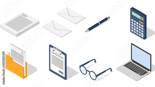 Isometric office supplies set with calculator, pen, laptop, and more