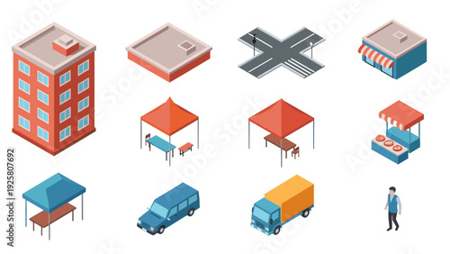 Isometric urban elements set featuring buildings, vehicles, and stalls for city design