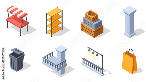 Isometric market elements set: kiosk, shelf, crate, column, trash bin, balcony, lights, bag