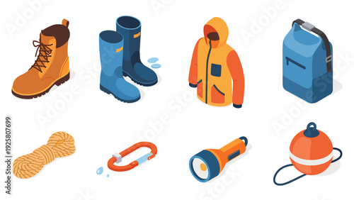 Essential isometric camping gear collection for outdoor adventures