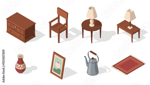 Isometric home decor elements with vintage and modern furniture pieces
