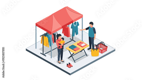 Family shopping at outdoor market stall with clothing and accessories