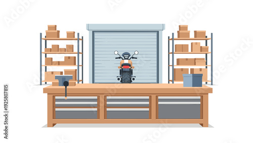 Motorcycle workshop with wooden workbench and storage shelves